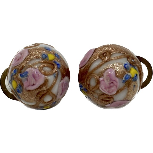 Vtg Made in ITALY Venetian Wedding Cake Glass Button Clip On Earrings Pink Gold - Picture 1 of 13